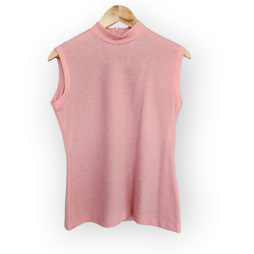 Retro Pink High Neck Sleeveless Ribbed Tank Shirt M